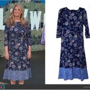 Talbots Petite Navy Floral Midi Dress 3/4 Sleeve Ruffle Hem Size 12P